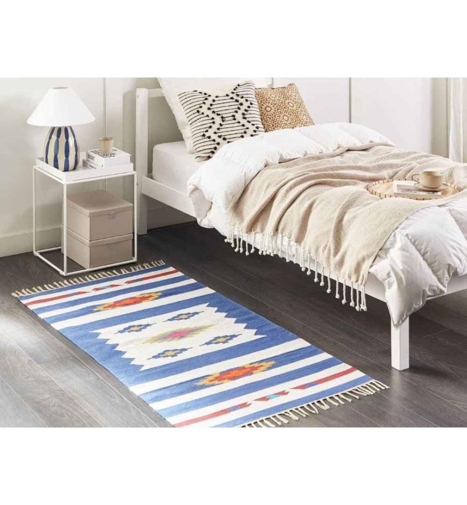 Tapis Kilim Multicolore Coton 80 x 150 cm avec franges Motif Géométrique Tissé à la main Réversible Tapis Moderne Salon Chambre à coucher