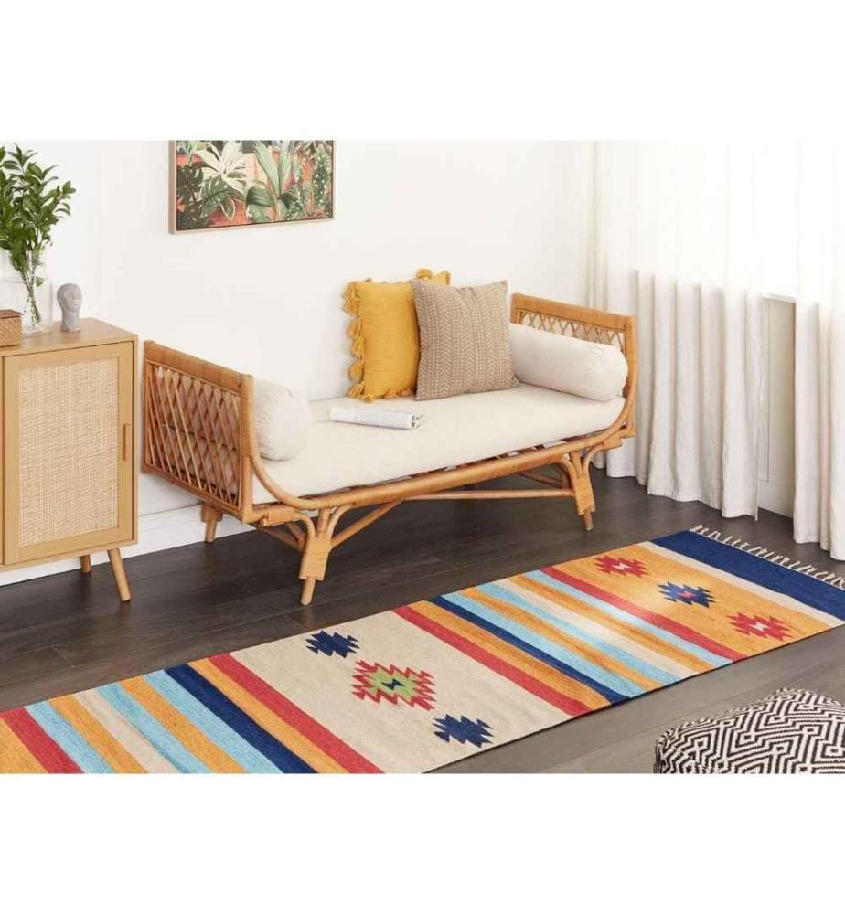 Tapis Kilim Multicolore Coton 80 x 300 cm avec franges Motif Géométrique Tissé à la main Réversible Tapis Moderne Salon Chambre à coucher