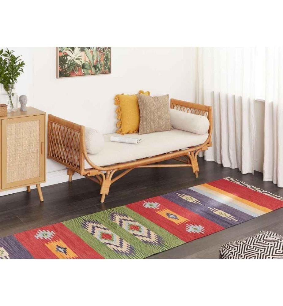 Tapis Kilim Multicolore Coton 80 x 300 cm avec franges Motif Géométrique Tissé à la main Réversible Tapis Moderne Salon Chambre à coucher