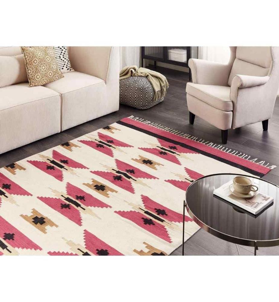 Tapis Kilim Multicolore Coton 160 x 230 cm avec franges Motif géométrique Tissé à la main Réversible Tapis Moderne Salon Chambre à coucher