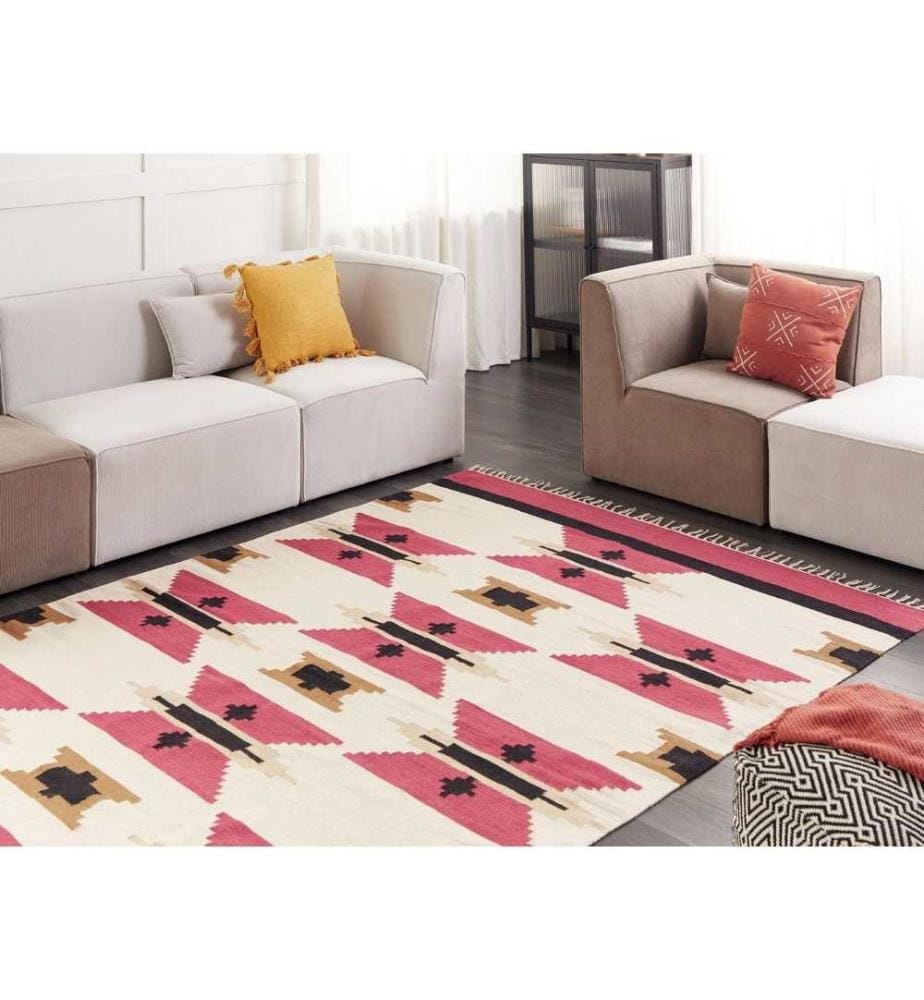 Tapis Kilim Multicolore Coton 200 x 300 cm avec franges Motif géométrique Tissé à la main Réversible Moderne Boho Salon Chambre à coucher