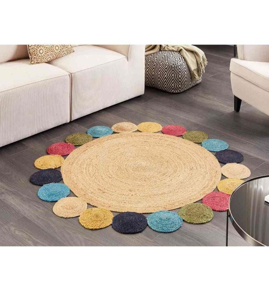 Tapis Multicolore Jute Rond ø 140 cm avec Cercles Réversible Boho Rustique Moderne Tapis à poils ras Chambre Salon Equipement