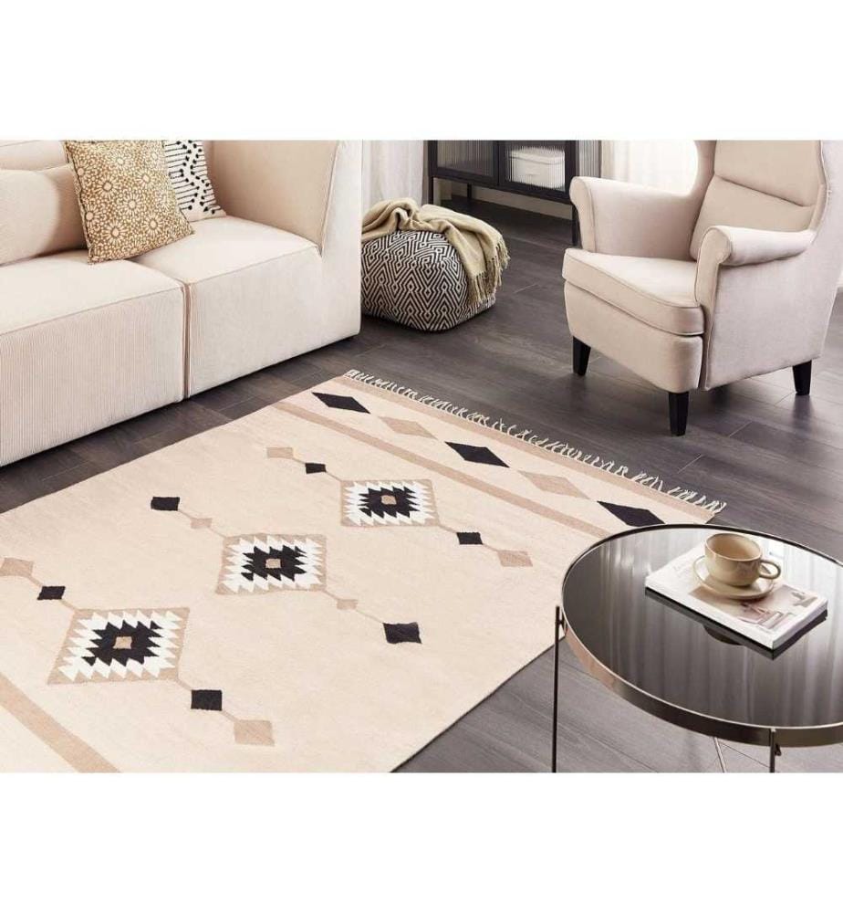 Tapis Kilim Multicolore en Coton 140 x 200 cm Poils Ras Tapis Réversible et Franges Pompons pour Salon ou Chambre Moderne