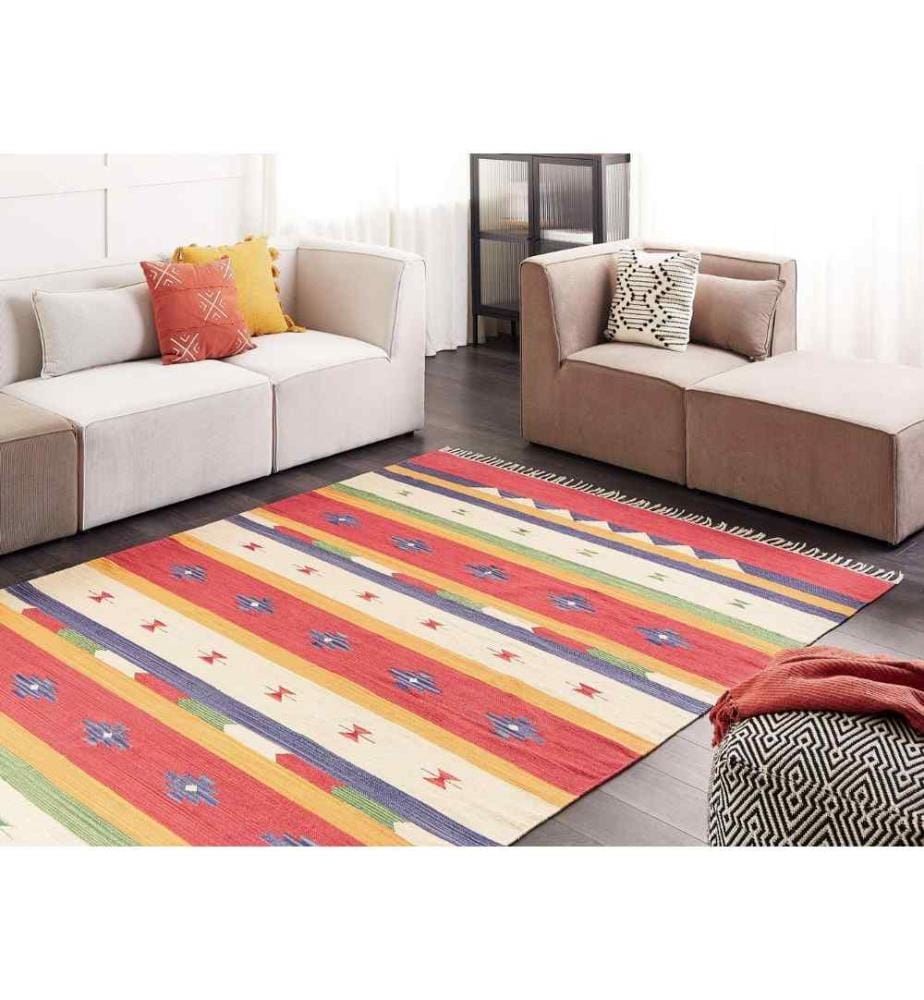Tapis Kilim Multicolore Coton 200 x 300 cm avec franges Motif géométrique Tissé à la main Réversible Moderne Boho Salon Chambre à coucher