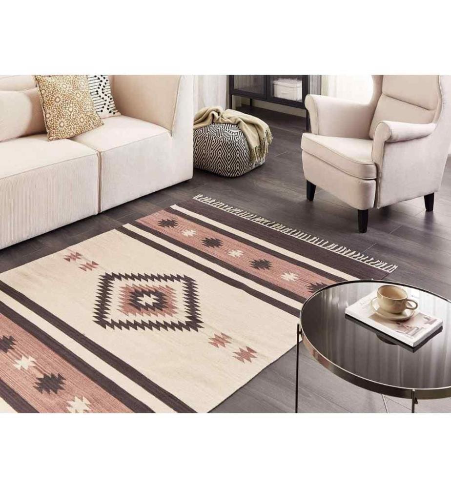 Tapis Kilim Beige et Marron Coton 140 x 200 cm avec franges Motif Géométrique Tissé à la main Réversible Moderne Boho Salon Chambre à coucher