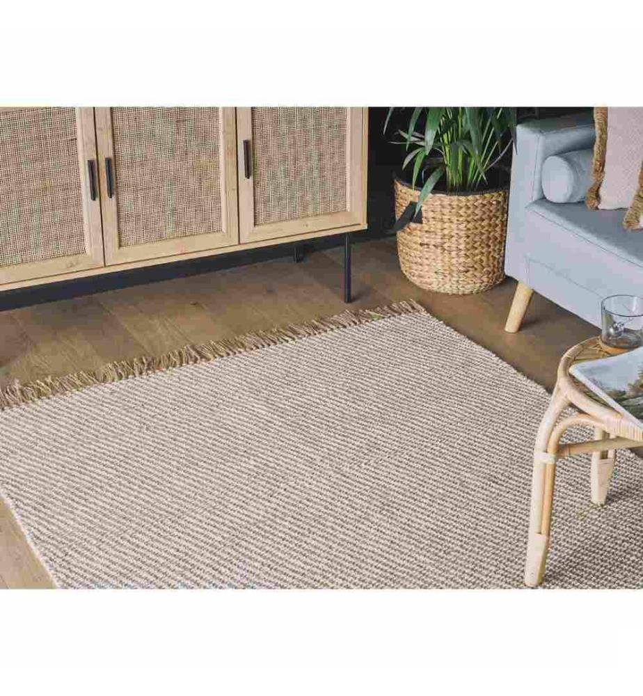 Tapis Rectangulaire à Franges en Jute et Coton 140 x 200 cm Motif Rayures Beiges pour Chambre et Salon au Style Boho et Campagne