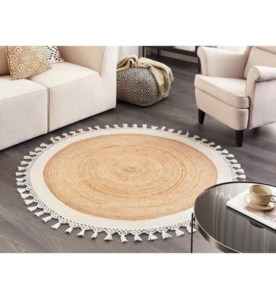 Tapis Beige et Blanc en Jute Naturel Rond 140 cm Boho Rustique Motif en Spirale Tressé Fait Main pour Chambre Salon Boho Rustique