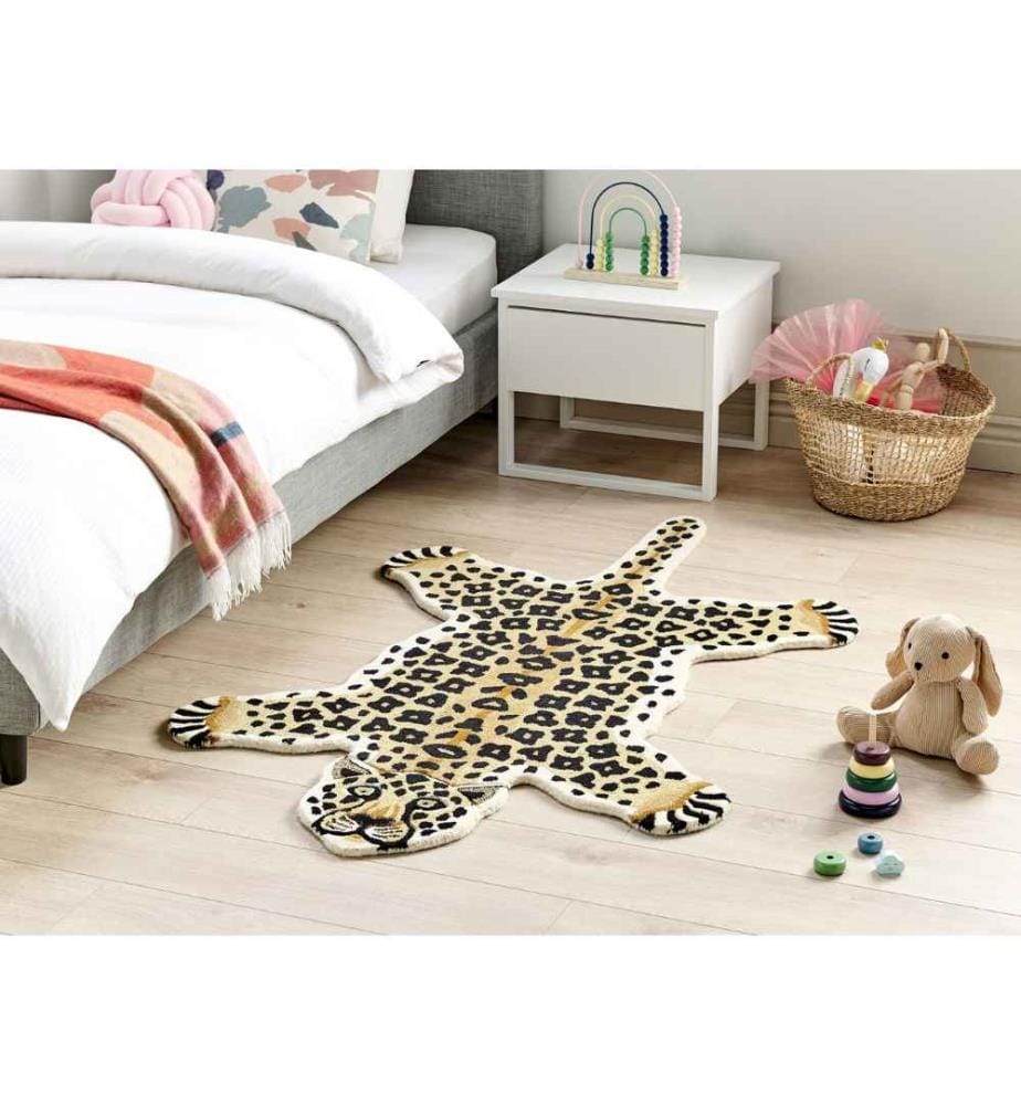Tapis Beige et Noir Laine Motif animal 100 x 160 cm Design Léopard Tufté main Moderne Poil court Chambre Enfants Chambre à coucher Décoration Accessoires