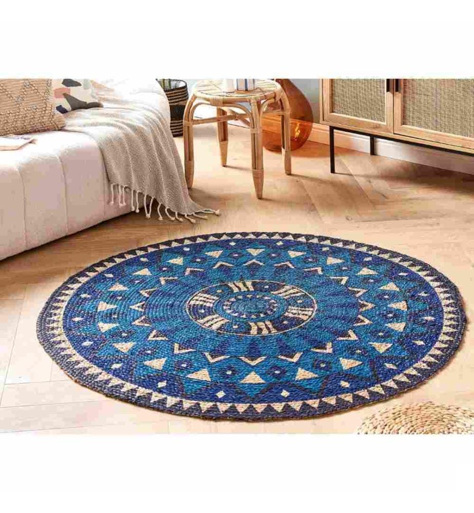 Tapis Rond Bleu Noir et Beige en Jute Motif Tribal pour Chambre ou Salon au Style Boho 140 cm