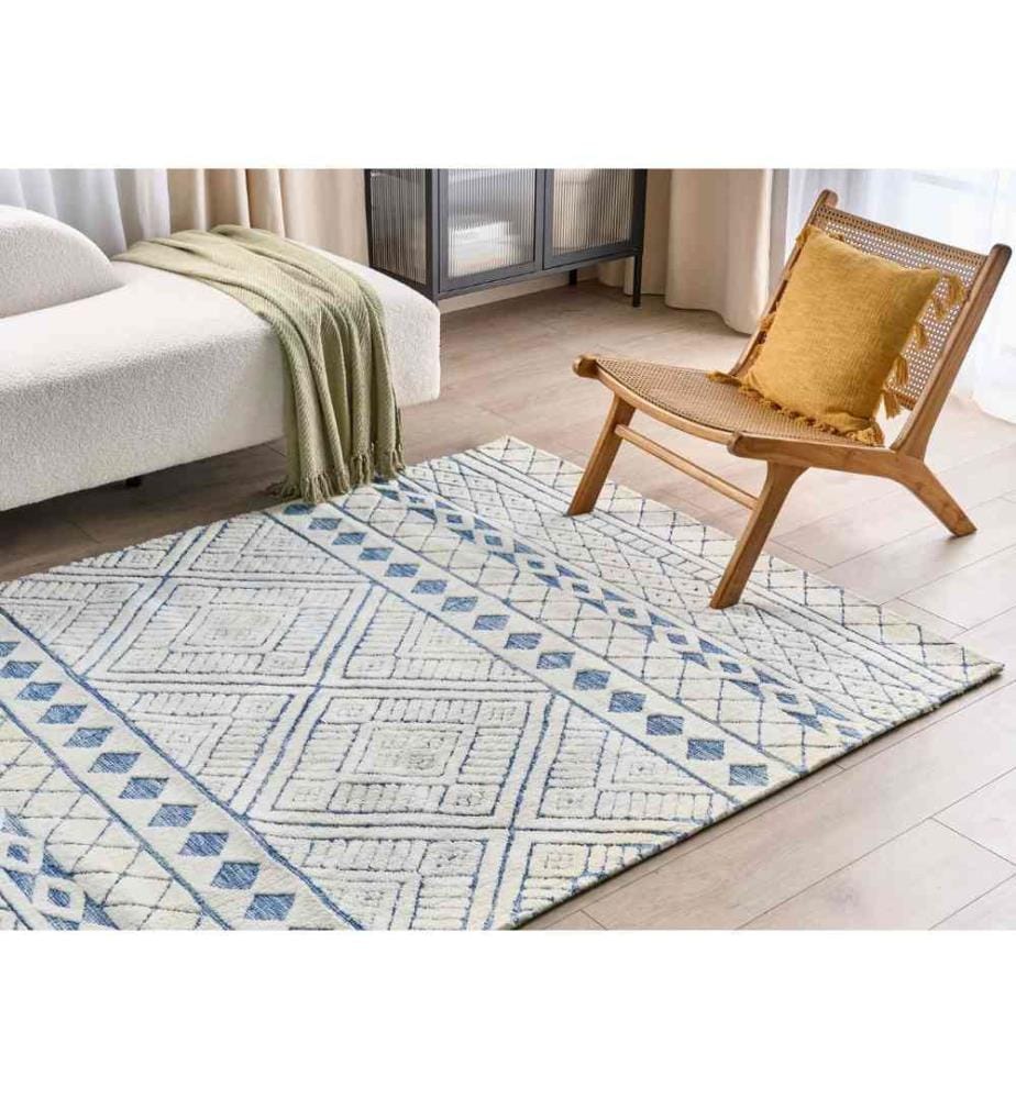 Tapis décoratif moderne en polyester et coton blanc et bleu 160 x 230 cm chambre salon
