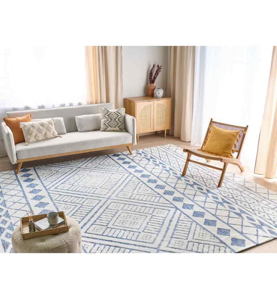 Tapis décoratif moderne en polyester et coton blanc et bleu 300 x 400 cm chambre salon