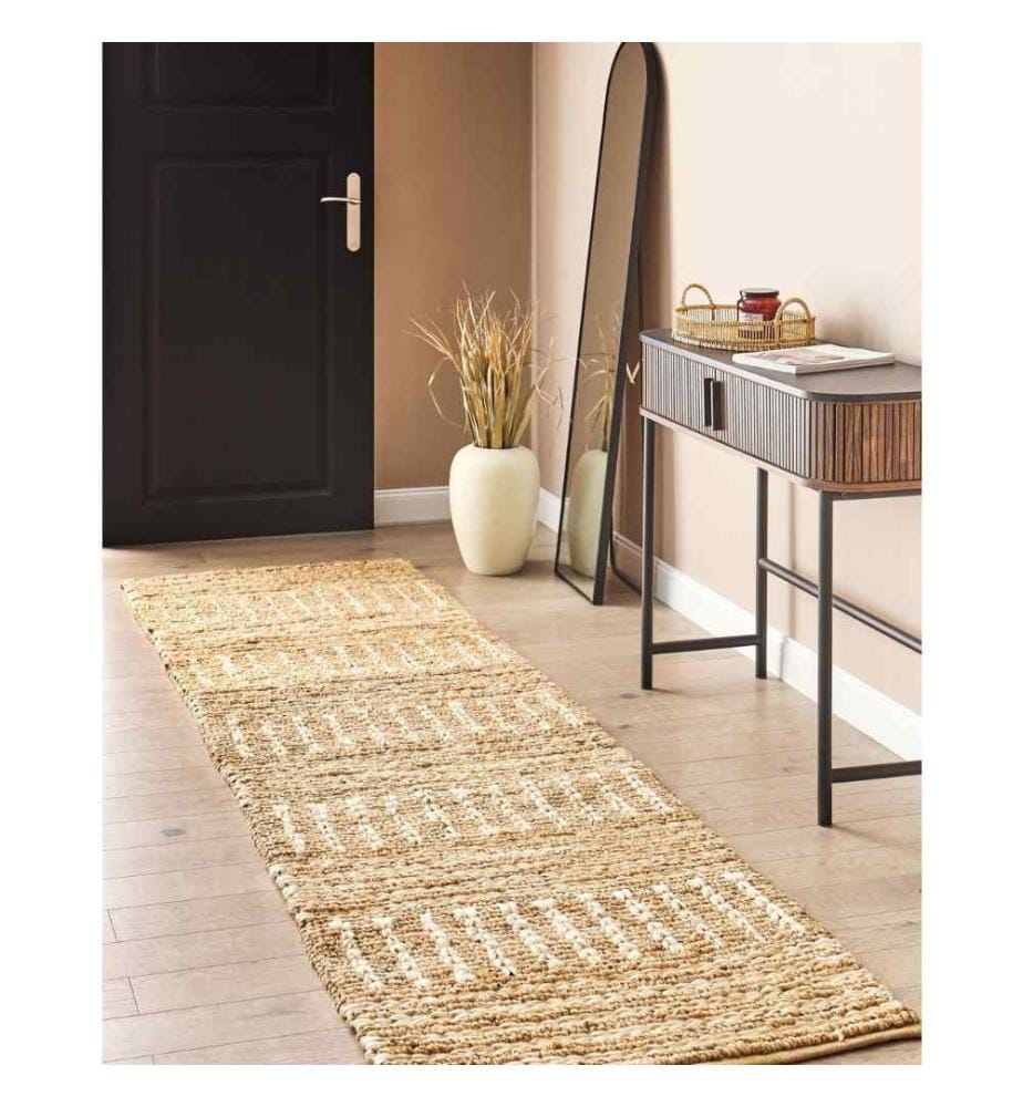 Tapis de couloir en jute beige tissé à la main avec motif rayé 80 x 300 cm Tapis de couloir style boho rustique