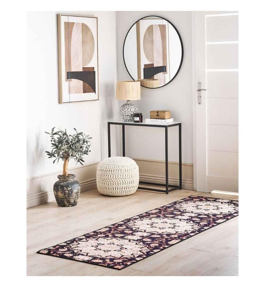 Tapis de course en polyester noir et beige 80 x 240 cm Motif oriental fond antidérapant style vintage couloir moderne