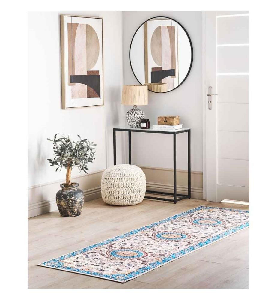 80 x 240 cm tapis de course en polyester beige et bleu avec fond oriental antidérapant dans un couloir moderne de style vintage