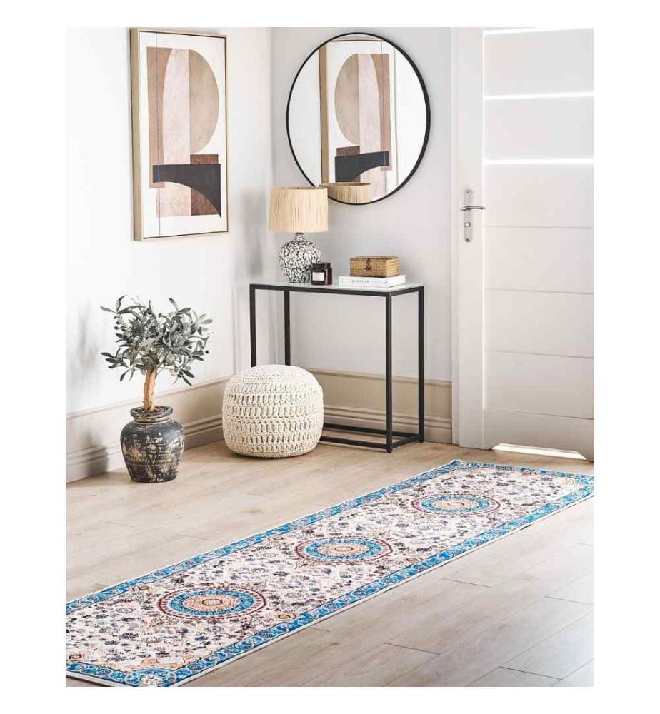Tapis de course beige et bleu en polyester 80 x 300 cm Motif oriental fond antidérapant style vintage couloir moderne