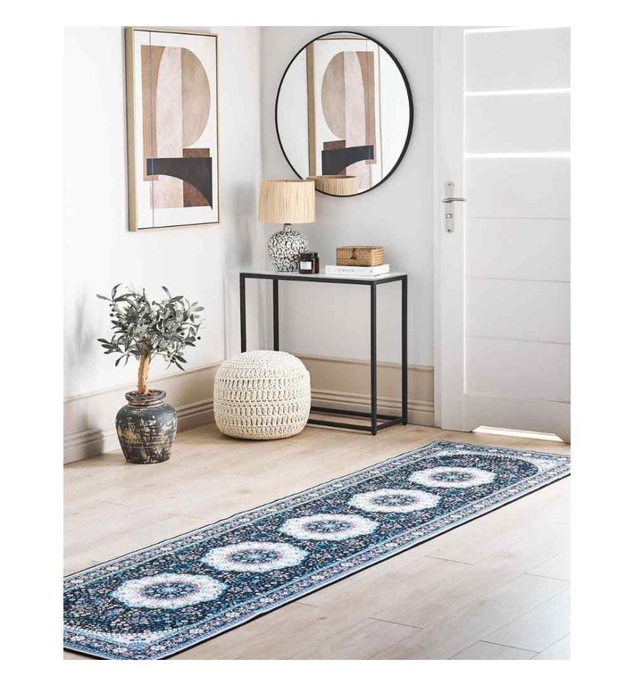 Tapis de course en polyester bleu 80 x 240 cm Motif oriental fond antidérapant style vintage couloir moderne