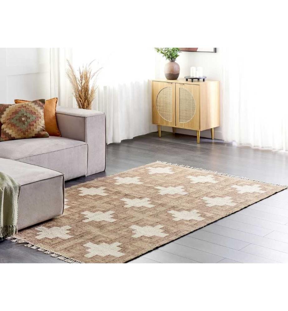Tapis en jute beige naturel avec motifs géométriques 160 x 230 cm style boho salon chambre à coucher