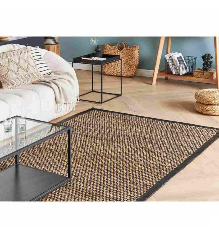 Tapis en Jute Coton et Cuir Noir et Beige 140 x 200 cm Motif à Damier Fait Main Rectangulaire Poils Courts avec Bordure pour Salon ou Chambre