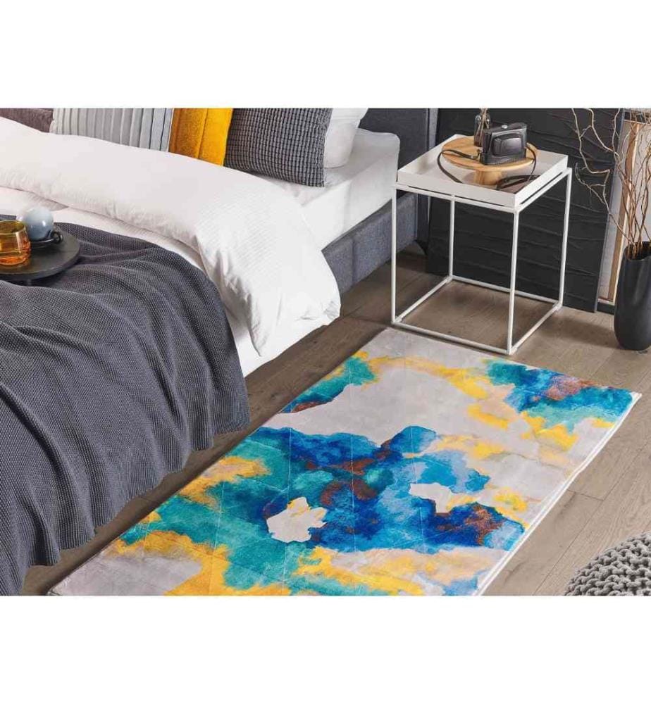 Tapis Rectangulaire Bleu Blanc et Jaune en Polyester Motif Abstrait pour Chambre ou Salon au Style Moderne 80 x 150 cm