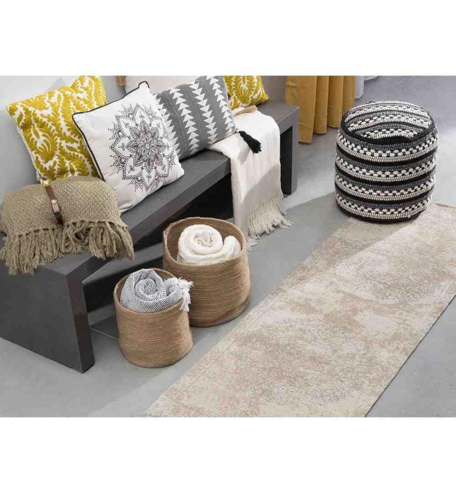 Tapis Rectangulaire Beige en Coton Vielli pour Couloir ou Salon au Style Vintage Rétro 60 x 180 cm