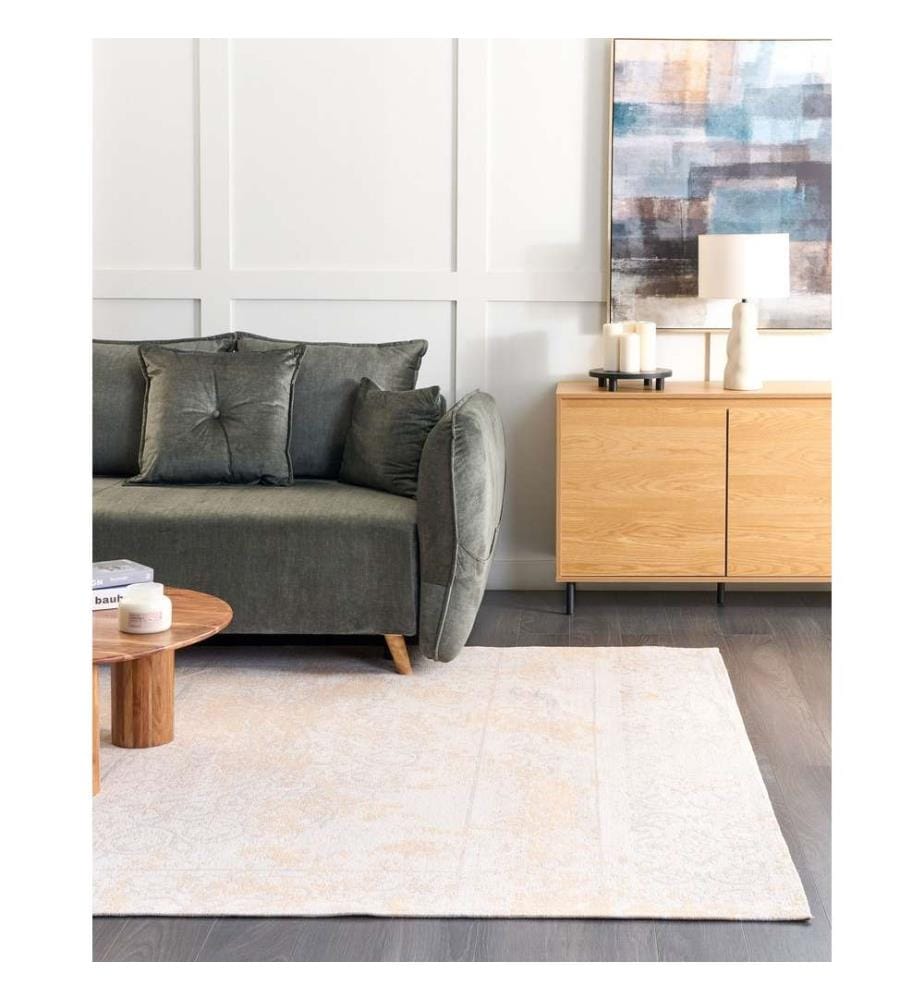 Tapis Rectangulaire Beige en Coton Vieilli pour Chambre ou Salon au Style Vintage Rétro 140 x 200 cm