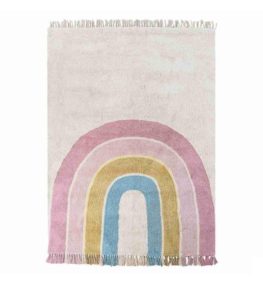 Tapis Beige et Multicolore en Coton 140 x 200 cm Motif Arc-en-ciel Poils Ras Salle de Jeux et Chambre Enfants