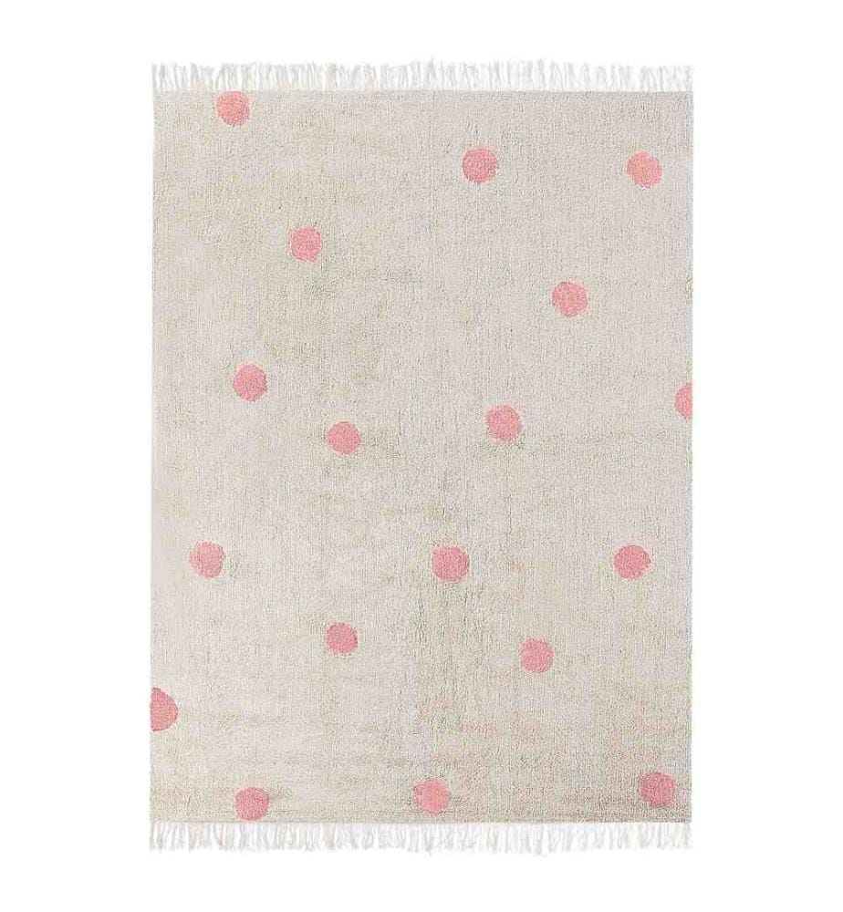 Tapis Enfant Beige et Rose en Coton Imprimé à Pois 140 x 200 cm Tapis Poils Ras pour Espace Jeu Chambre d'Enfants