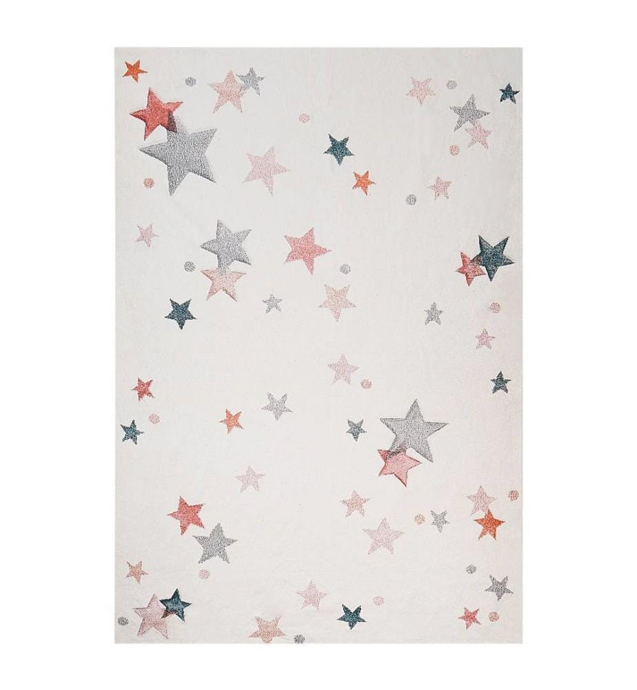 Tapis Blanc et Multicolore en Coton à Motifs Étoiles 140 x 200 cm Poils Ras Accessoire Chambre Enfant Espace de Jeux