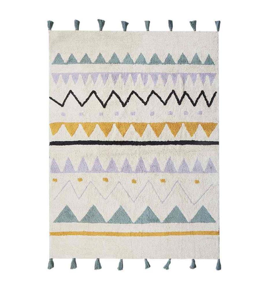 Tapis Beige et Vert en Coton Motif Abstrait 140 x 200 cm Rectangulaire Poils Ras avec Franges Décoratives pour Chambre Enfant