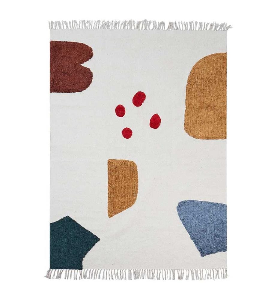 Tapis Multicolore en Coton Motif Abstrait 140 x 200 cm Rectangulaire Poils Ras avec Franges Décoratives pour Salon Chambre à Coucher