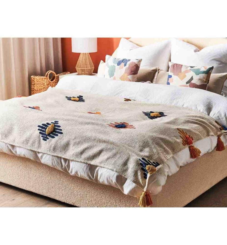 Couvre-Lit Multicolore en Coton 130 x 180 cm Faite à la Main Jeté de lit Cosy Motif Géométrique avec Pompons