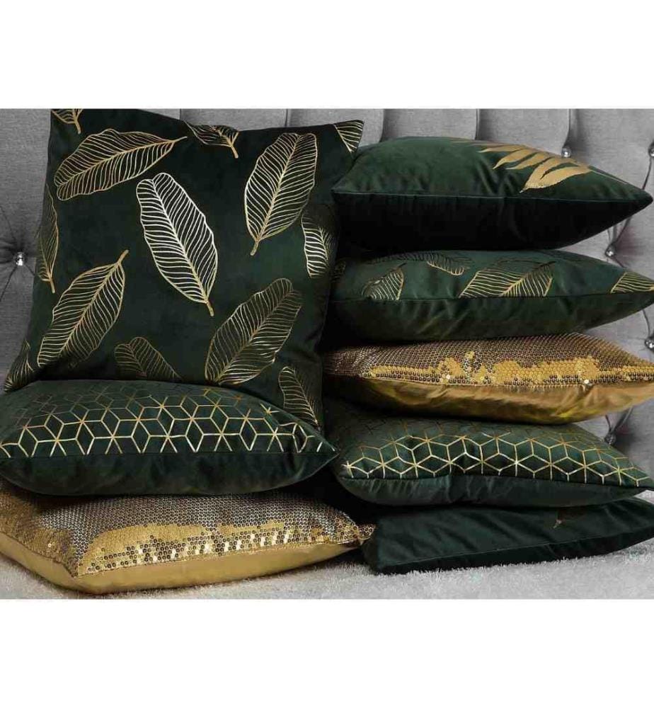 2 Coussins Décoratifs 45 x 45 cm en Velours Vert Foncé avec Motif Feuille Dorée pour Style Glamour Moderne ou Vintage