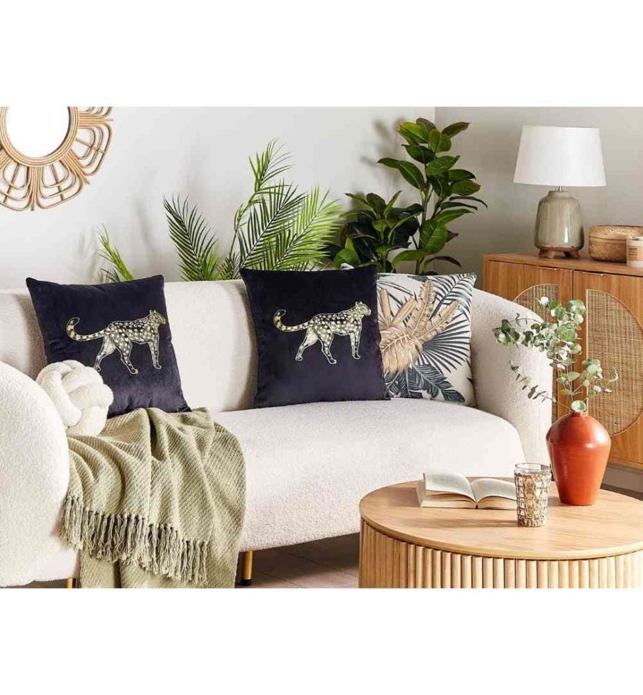 Coussins Décoratifs Noirs en Velours 45 x 45 cm Design Glamour avec Motif de Léopard Housse Amovible Confortable Lot de 2