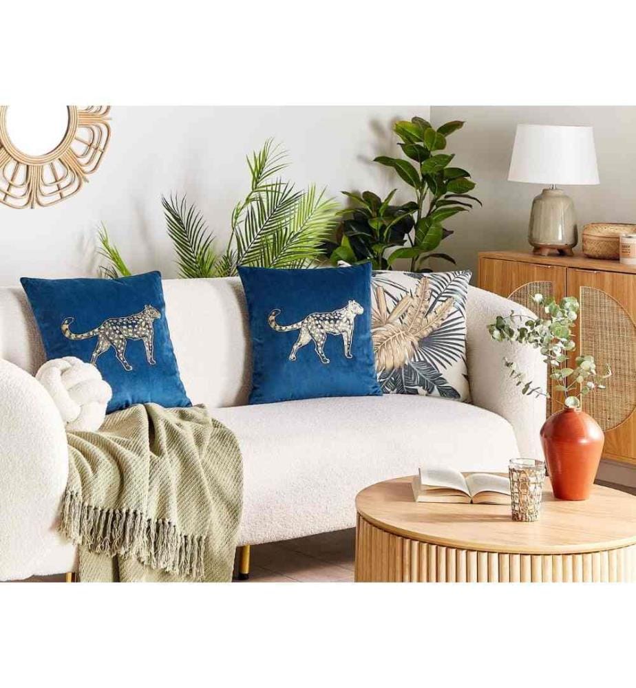 Coussins Décoratifs Bleus en Velours 45 x 45 cm Design Glamour avec Motif de Léopard Housse Amovible Confortable Lot de 2