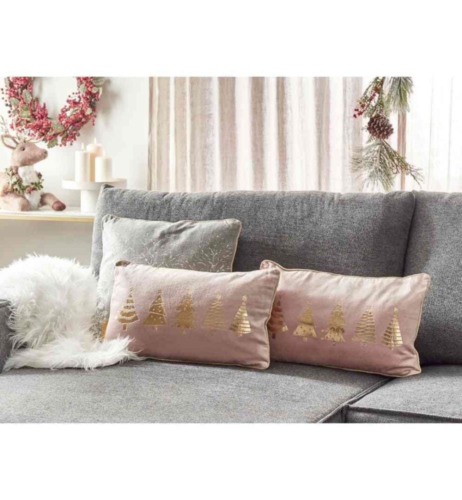 Lot de 2 Coussins Décoratifs en Velours Rose à Imprimés de Sapins Dorés 30 x 50 cm Rembourrés Housses Amovibles pour Intérieur Chambre Salon