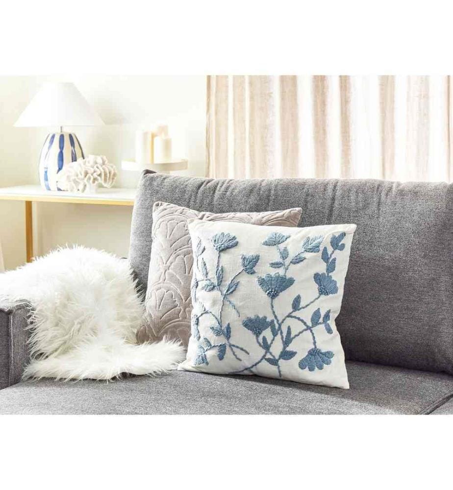 Coussin Décoratif en Coton Blanc et Bleu 45 x 45 cm à Motif Floral Brodé Housse Amovible Rembourrage Polyester Accessoire Ambiance Intérieur