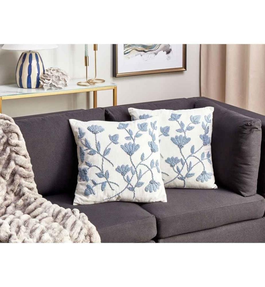 Lot de 2 Coussins Décoratifs en Coton Blanc et Bleu 45 x 45 cm à Motif Floral Brodé Housse Amovible Rembourrage Polyester Accessoire Ambiance