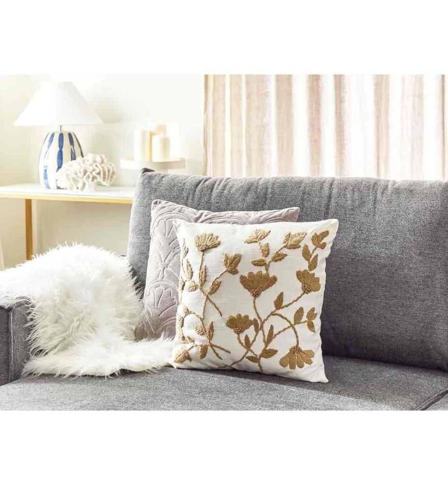 Coussin Décoratif en Coton Blanc et Doré 45 x 45 cm à Motif Floral Brodé Housse Amovible Rembourrage Polyester Accessoire Ambiance Intérieur