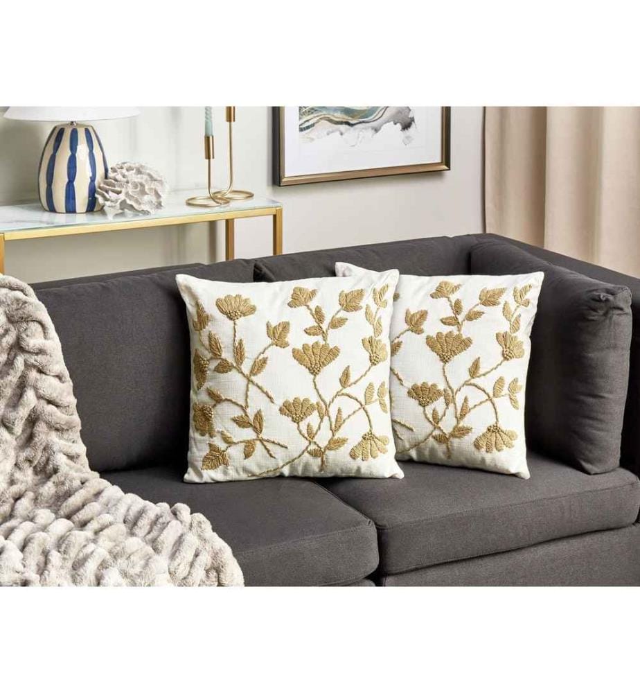 Lot de 2 Coussins Décoratifs en Coton Blanc et Doré 45 x 45 cm à Motif Floral Brodé Housse Amovible Rembourrage Polyester Accessoire Ambiance