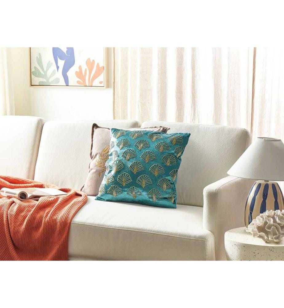Coussin Décoratif en Velours Turquoise et Doré 45 x 45 cm à Motif de Coquillage Brodé Rembourré Polyester pour Intérieur Housse Amovible