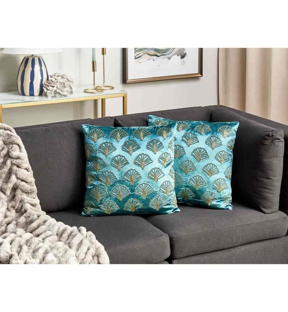 Lot de 2 Coussins Décoratifs en Velours Turquoise et Doré 45 x 45 cm à Motif de Coquillage Brodé Rembourré pour Intérieur Housse Amovible