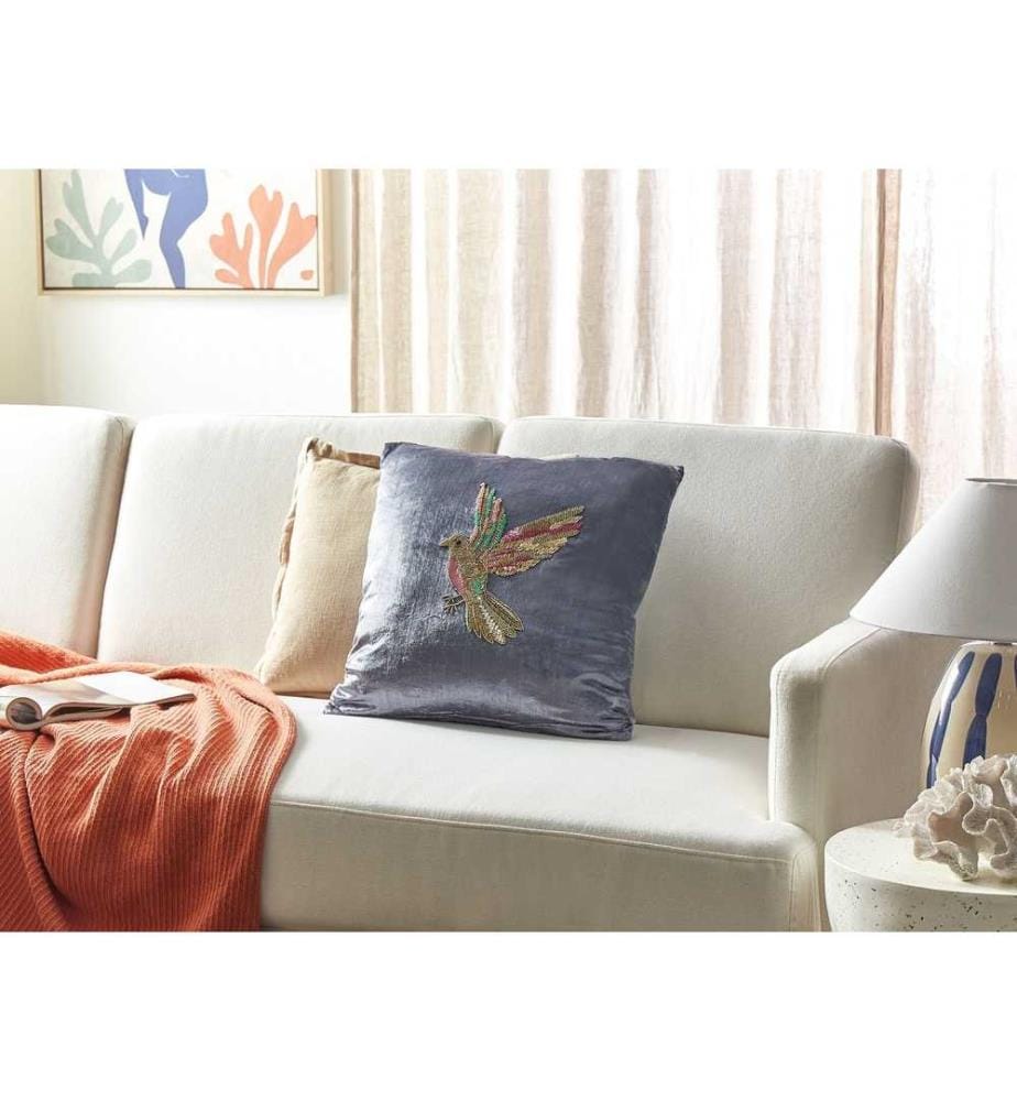 Coussin Décoratif en Velours Gris 45 x 45 cm à Motif d'Oiseau Housse Amovible Rembourré Accessoire pour Intérieur Déco Glamour