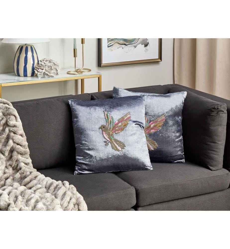Lot de 2 Coussins Décoratifs en Velours Gris 45 x 45 cm à Motif d'Oiseau Housse Amovible Accessoires Déco Intérieur