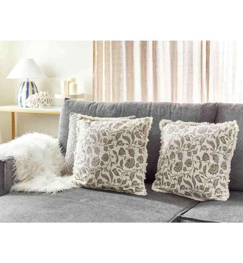 Lot de 2 Coussins Décoratifs en Coton Blanc et Gris à Motif Floral 45 x 45 cm Rembourrés Accessoire Moelleux Intérieur Style Champêtre