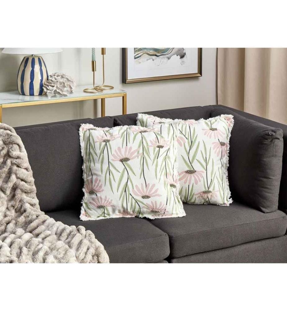 Lot de 2 Coussins Décoratifs en Coton Multicolore 45 x 45 cm à Motif Floral Rembourrés Accessoire Moelleux pour Intérieur avec Frange