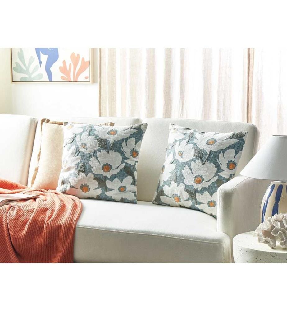 Lot de 2 Coussins Décoratifs en Coton Bleu à Motif Floral 45 x 45 cm Rembourrés Polyester Accessoire Moelleux pour Intérieur Style Champêtre