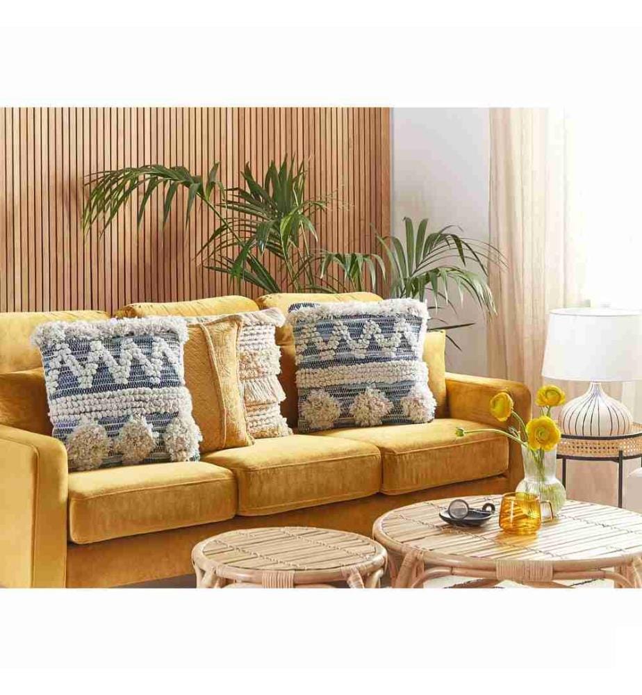 Coussin Décoratif avec Motif Fait Main Style Boho 45 x 45 cm en Coton Fait Main Beige et Bleu Pour Déco Intérieur Tendance