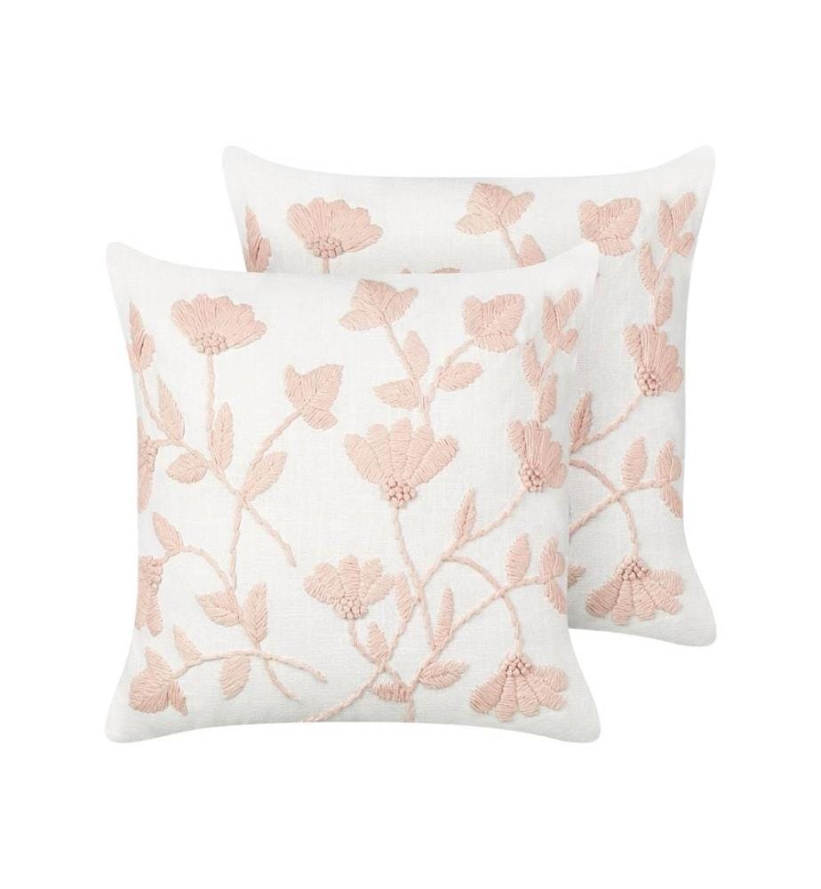 Lot de 2 Coussins Décoratifs en Coton Blanc et Rose 45 x 45 cm à Motif Floral Brodé Housse Amovible Rembourrage Polyester Accessoire Ambiance