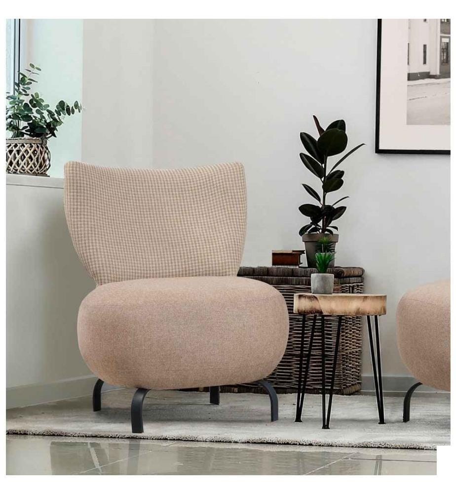 Chaise à oreilles, crème, cadre en bois de charme, tissu chenille