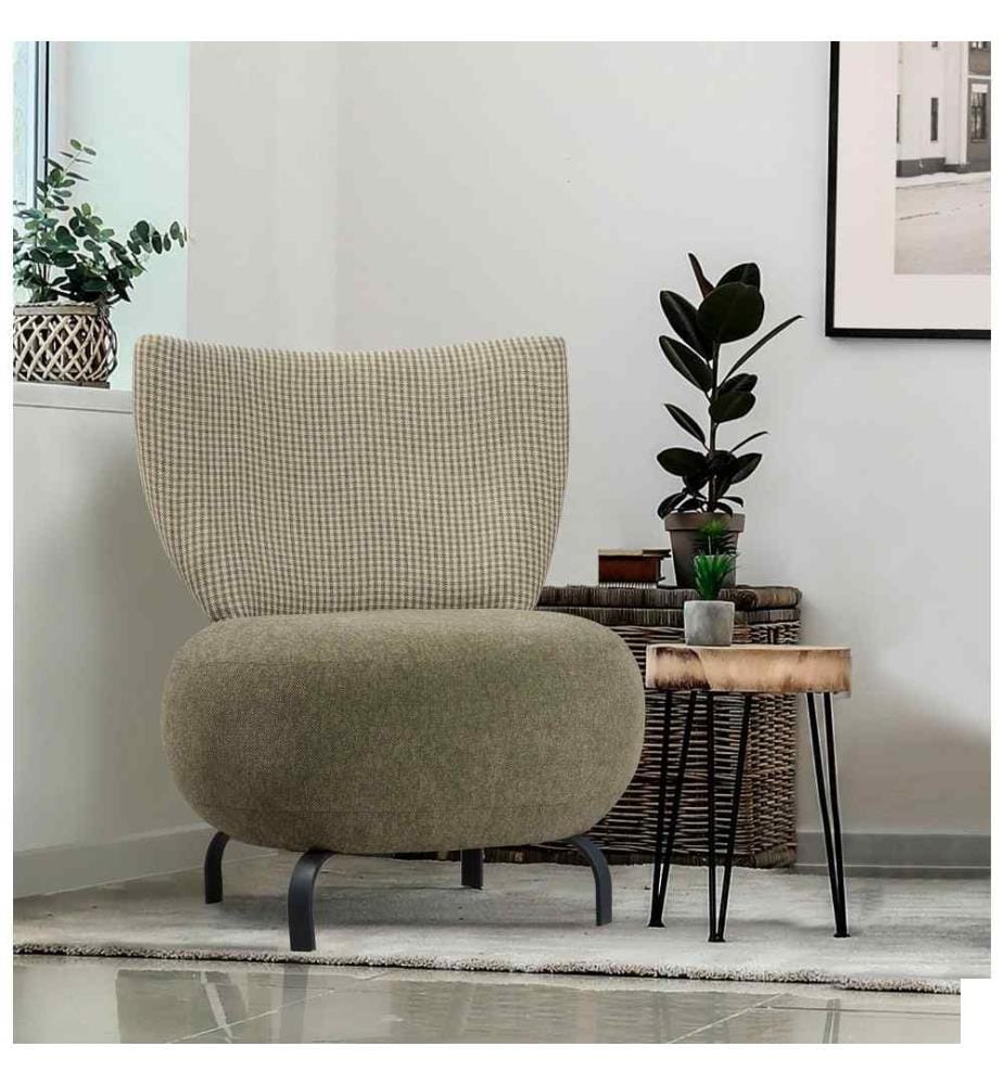 Chaise à oreilles, verte, cadre en bois de charme, tissu chenille